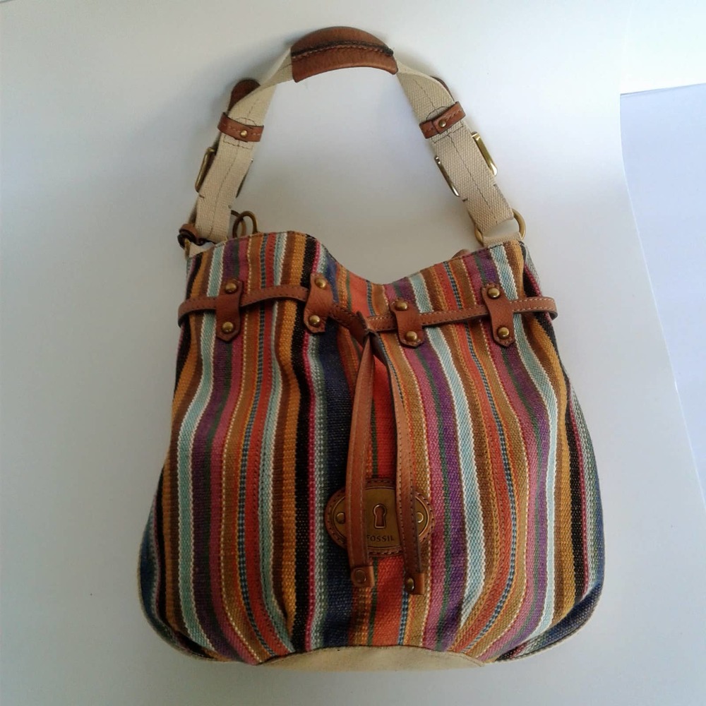 Fossil  Striped Women's Brown Canvas Shoulder Bag Leather Accents Handbag Medium - Picture 2 of 12